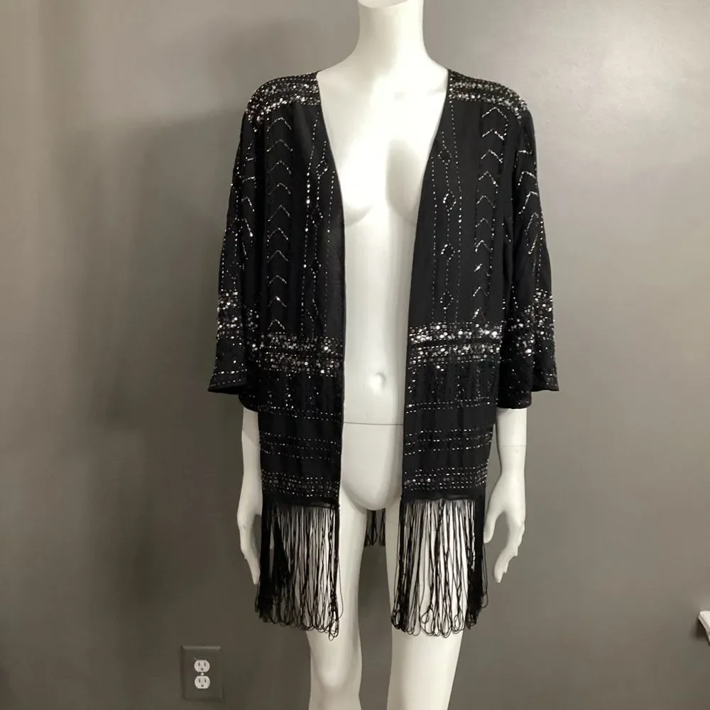 NWT Venus Black Sequin Fringe Cardigan/ Swim Cover Up/Duster Size S